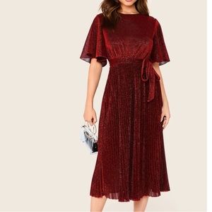 FLUTTER SLEEVE SELF BELTED PLEATED GLITTER DRESS